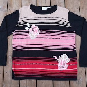 Vintage 80&#39;s / 90&#39;s &quot;Tabi International&quot; Pastel Floral Striped Acrylic Knit Abstract Sweater Women&#39;s XXL