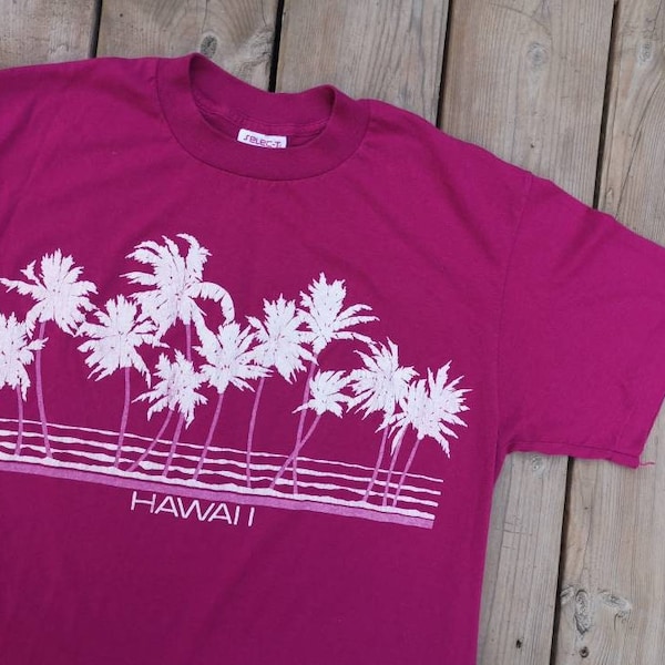Vintage 80's / 90's Hawaii Islands pinkish/red / palm trees beach surf / single stitch / paper thin / t-shirt Made in USA Large