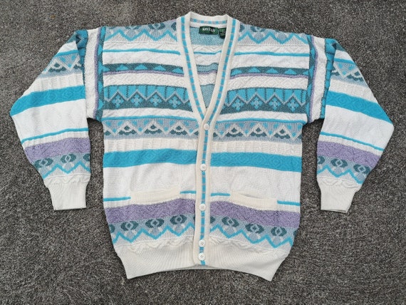 Vintage 80s Textured Knit Cardigan: Pastel 3D Sweater (Medium)