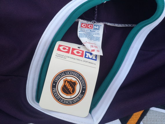 ANAHEIM MIGHTY DUCKS Logo Men Purple NHL Vintage 90s Hockey Jersey L CCM Maska