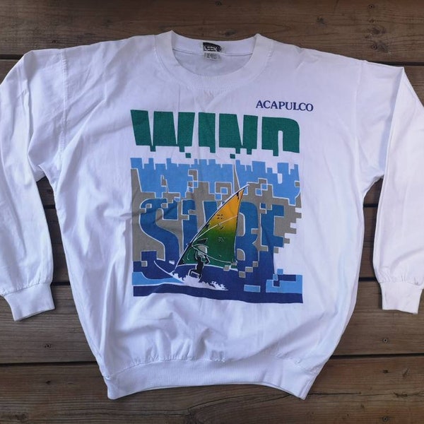 Vintage & Rad 80's / 90's "Wind Surf" Acapulco, Mexico - Wind Surf by Peter Mussfeldt - White Long Sleeve T-Shirt / Large