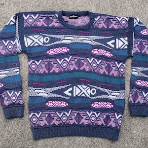 Vintage 90s Knit 3D Sweater: Crawford USA, Purple Teal Blue, Medium
