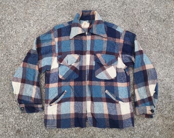 Vtg 60s 70s Woolrich Wool Jacket Blue Brown M Zip up Plush Lined