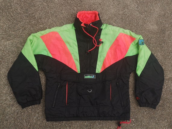 Vintage 90s Pullover Parka: Neon Green & Orange Winter Jacket, Made in Canada