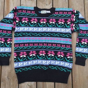 Vintage 80s Floral Knit Sweater: Abstract Geometric Design, Small