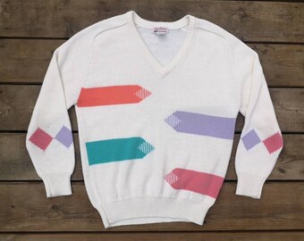 Vintage 80s Abstract Color Block Knit Sweater - Medium