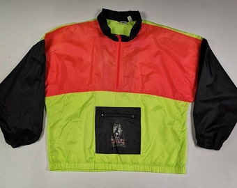 Vintage 90's "Surfers Alliance" Neon Nylon Fluorescent green orange yellow red black windbreaker jacket 1/4 zip up XL