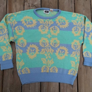 Vintage 80&#39;s / 90&#39;s &quot;Lady Forsyth&quot; 100% Acrylic Knit Sweater Abstract Geometric Floral Yellow Teal Purple Pastel Women&#39;s Medium
