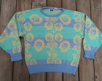 May include: A blue, green and yellow patterned sweater with a crew neck.