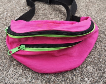 90's Fanny Pack / Neon Fluorescent Pink + Green Vintage Waist Bag Bum Bag