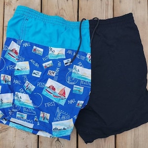 Vintage 90's Teal, Blauw & Zwart Zwembroek Shorts Zomerfeest Tijd Strand varen Aruba