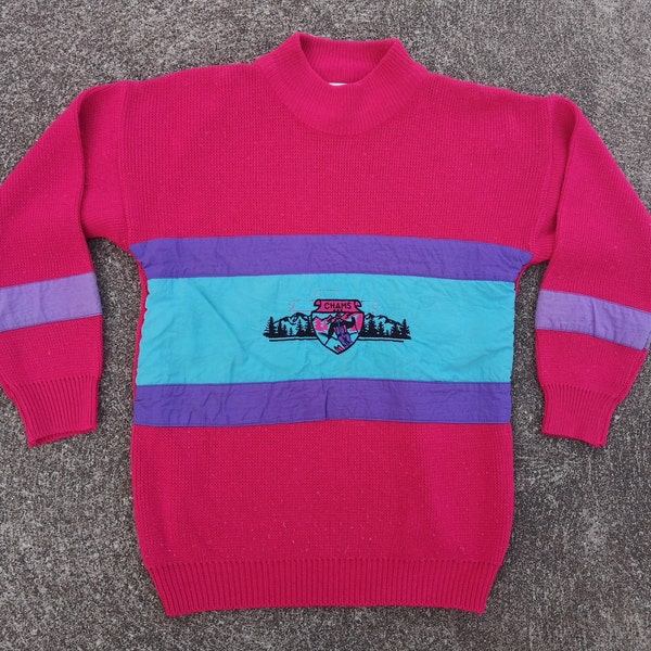 Vintage 80's / 90's "Cross Roads" 100% Acrylic Knit / Skiing Sweater / Pink + Teal + Purple / Small