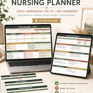 May include: A digital Director of Nursing planner Excel workbook for LTC and SNF leadership. The display shows a DON dashboard, a monthly review, and task trackers. Features include a dashboard, command center, task tracker, and audit tools.