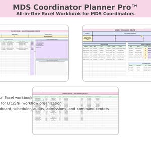 May include: MDS Coordinator Planner Pro digital Excel workbook featuring a Triple Check and Survey Readiness Center, Weekly Command Center, and resident roster. The interface includes organised tables for tracking audits, admissions, and schedules.