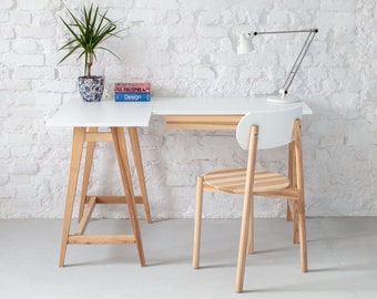 Bureau d'angle en forme de L LUKA avec un tiroir | Bois de frêne, côté gauche