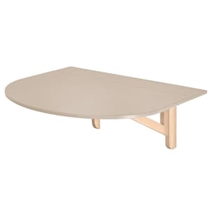 May include: A wall-mounted, half-circle table in a neutral beige color. The table is supported by two wooden brackets. The table's dimensions are approximately 30 inches wide and 15 inches deep.