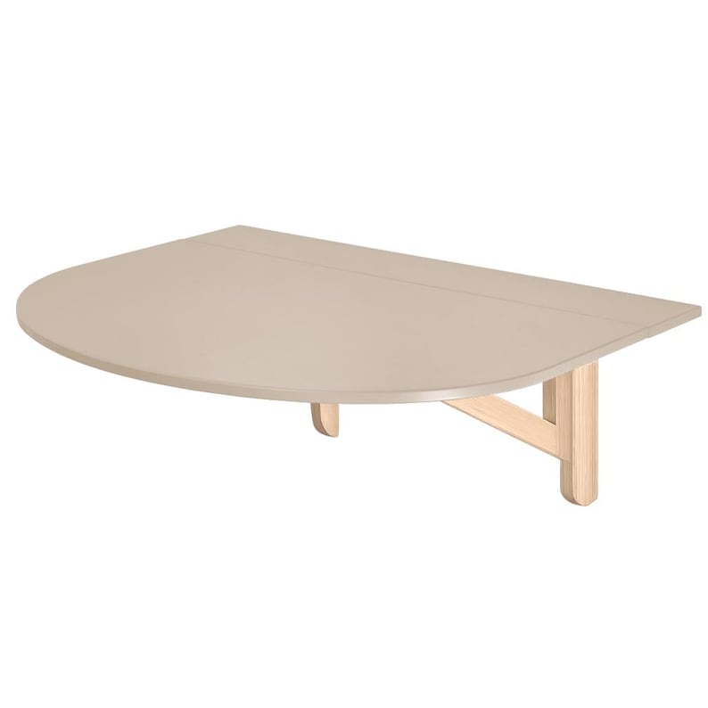 May include: A wall-mounted, half-circle table in a neutral beige color. The table is supported by two wooden brackets. The table's dimensions are approximately 30 inches wide and 15 inches deep.
