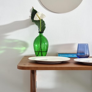 May include: A wooden shelf with a green glass vase holding a white flower and a green leaf. There is a white plate, a blue glass, and a book titled "The Secret Lives of Colour" on the shelf.