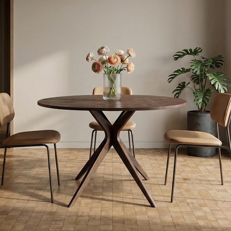 small walnut dining table for 4 persons oval shape on one central leg, Petite table à manger ovale en noyer pour 4 personnes, reposant sur un pied central. Kleine walnotenhouten eettafel voor 4 personen, ovaalvormig, op één centrale poot. Tavolino da pranzo ovale in noce per 4 persone, con una gamba centrale. Kleiner ovaler Esstisch aus Walnuss, Litet matbord i valnöt för 4 personer, ovalt på ett centralt benholz für 4 Personen mit einem zentralen Bein