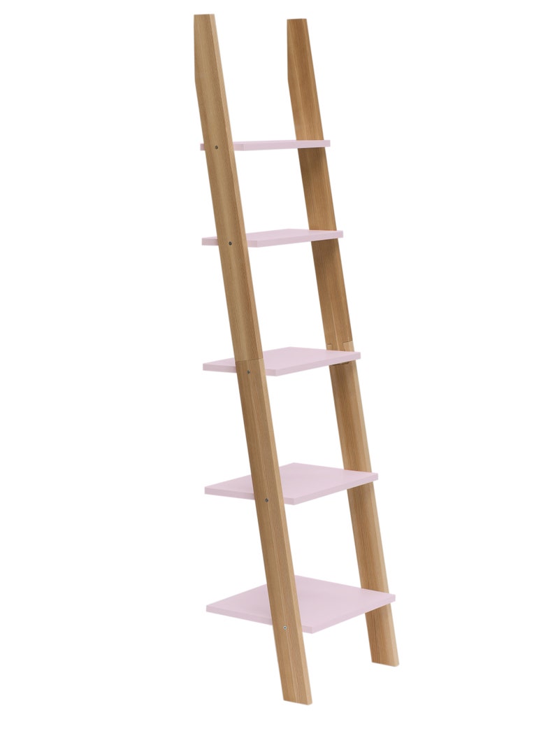 Op de afbeelding: Een lichtroze ladderschap met vier planken en natuurlijke houten zijkanten.