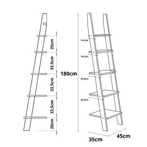 Op de afbeelding: Een witte ladderplank met vijf planken. De plank is 180 cm hoog, 35 cm breed en 45 cm diep. De planken zijn 20 cm, 33,5 cm, 33,5 cm, 33,5 cm en 25 cm breed.