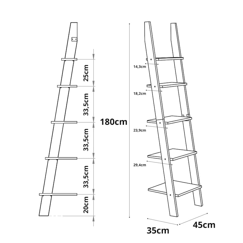 Op de afbeelding: Een witte ladderplank met vijf planken. De plank is 180 cm hoog, 35 cm breed en 45 cm diep. De planken zijn 20 cm, 33,5 cm, 33,5 cm, 33,5 cm en 25 cm breed.