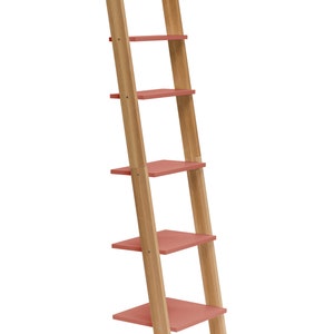 Op de afbeelding: Een houten ladderrek met vijf planken. De planken zijn lichtroze geverfd en de ladder is van naturel hout.