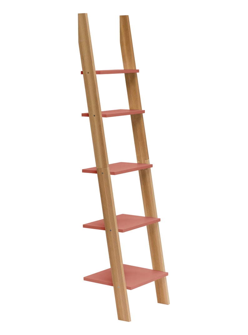 Op de afbeelding: Een houten ladderrek met vijf planken. De planken zijn lichtroze geverfd en de ladder is van naturel hout.
