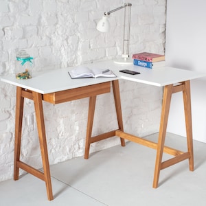 L-shaped corner desk with one drawer various colors  LUKA | oak finish, right hand