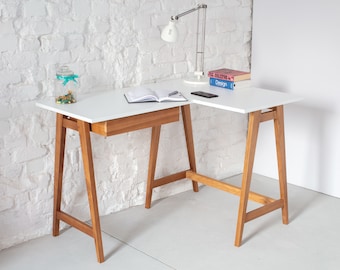 LUKA L-shaped Corner Desk with one Drawer | Oak Finish, Right Hand