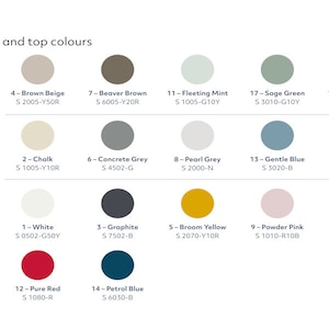 Peut inclure: Un nuancier de couleurs montrant les couleurs de pieds et de plateaux disponibles pour les meubles. Les couleurs sont organisées en trois catégories : Biophilic & Nature, Bien-être et connexion humaine, et Audacieux & Lumineux. Chaque couleur est étiquetée avec un numéro, un nom et un code couleur.