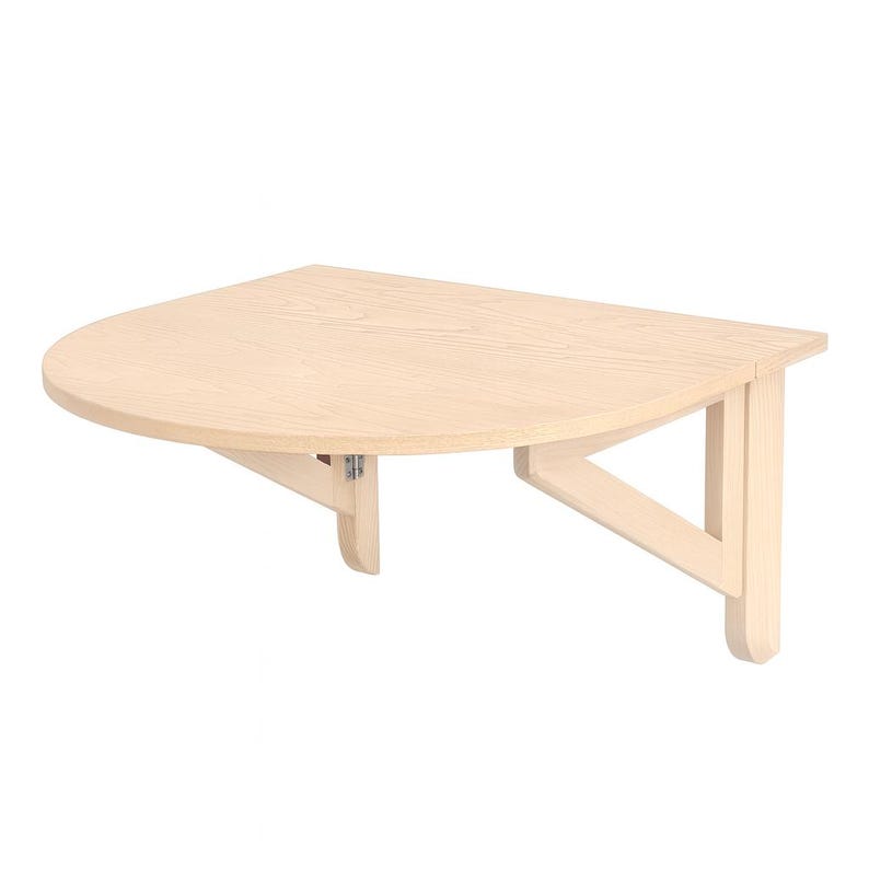 May include: A wall-mounted, semi-circular wooden table with a light natural wood grain finish. The table features a flat, straight back edge for mounting and a curved front edge, supported by two angled wooden brackets underneath the surface.