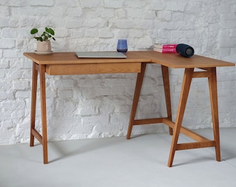 Luka wooden corner desk, with drawer or drawers in two various sizes and various wood stains to choose