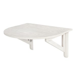 May include: A wall-mounted, semi-circular folding table featuring a light-colored wood grain finish. The table includes two hinged support brackets underneath that allow the surface to be folded down against the wall when not in use.