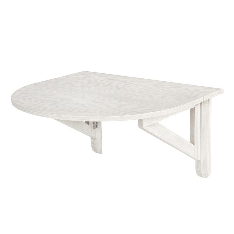 May include: A wall-mounted, semi-circular folding table featuring a light-colored wood grain finish. The table includes two hinged support brackets underneath that allow the surface to be folded down against the wall when not in use.