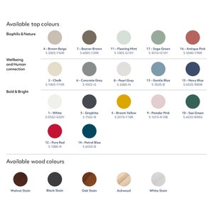 May include: Color palette with various paint swatches, including shades of beige, gray, blue, and green. The image also displays wood stain colors such as walnut, black, and oak. The text provides color names and codes.