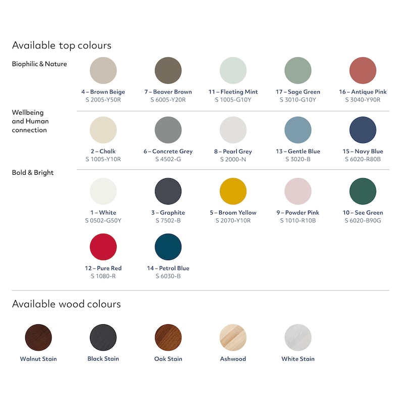 May include: Color palette with various paint swatches, including shades of beige, gray, blue, and green. The image also displays wood stain colors such as walnut, black, and oak. The text provides color names and codes.