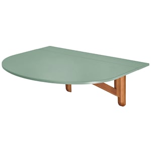 May include: A wall-mounted, half-circle table with a light green surface and wooden supports. The table's design is simple and modern, with a smooth, matte finish. The wooden supports are a warm, natural color.