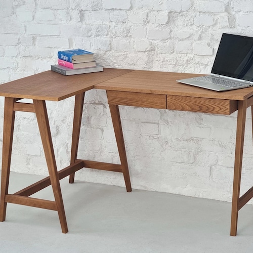 L-Shaped Ash Wood Corner Desk: Compact Home Office Desk with Drawer- various stains an sizes