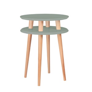 Puede incluir: Una mesa auxiliar de dos niveles de color verde claro con tapa redonda y cuatro patas de madera.