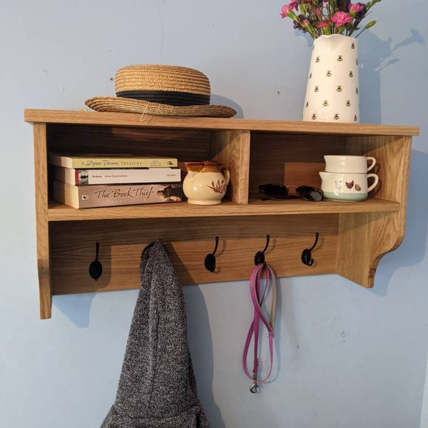 Solid oak coat rack with cubby shelves