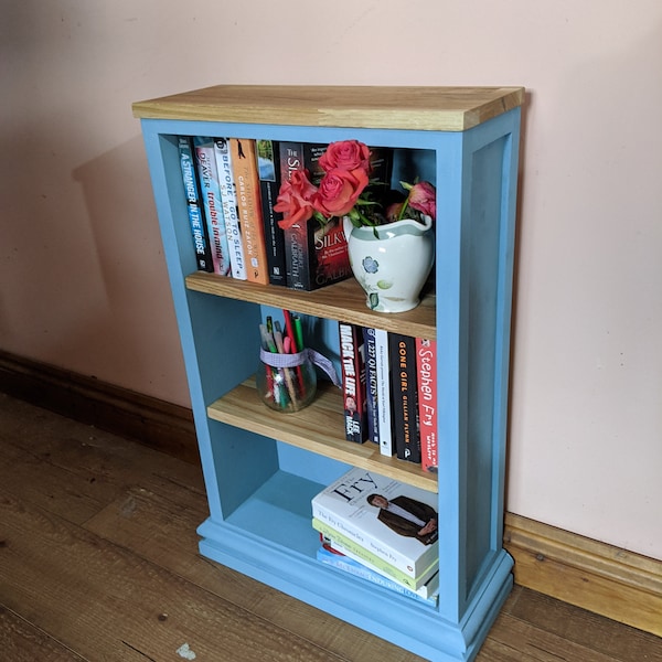 small painted bookcase with oak shelves