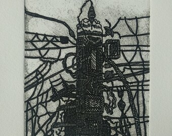 Solar etching: 'Wires 3', hand printed, original art by Sean Tierney