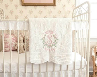Baby Girl Heirloom Quilt, Personalized Floral Crest Embroidered Blanket, Custom Name or Monogram, Keepsake Baby Gift, Nursery Decor