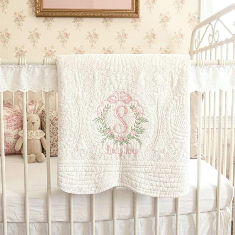 Baby Girl Heirloom Quilt, Personalized Floral Crest Embroidered Blanket, Custom Name or Monogram, Keepsake Baby Gift, Nursery Decor