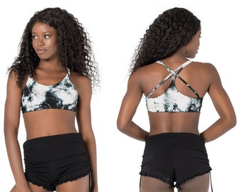 Haut court sport en coton et lycra pour femme : brassière dos nu à motif abstrait P-XL