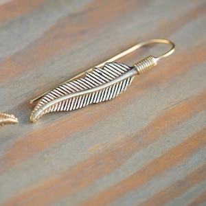 Gold Brass Feather Earrings, Ear Climber, Crawler Statement Earrings, Silver Plated Cuff, Boho Jewelry Gift For Her