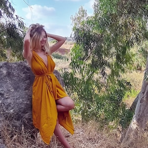 Festival Dress for Women, Dance Wear, Festival Fashion, Wrap Dress, V Neck Dress, Boho Clothes, Dark Yellow Dress, Goddess Dress