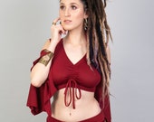 Sexy Red Open Back Crop Salsa Top for Woman with Boho-Hippie Flare Bell Sleeves Women 39 s Tribal Belly Dance Open Shoulder Backless Blouse