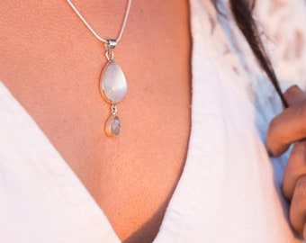 Moonstone Teardrop Necklace, Moonstone Pendant Necklace, Sterling Silver and Moonstone Necklace, Rainbow Moonstone Pendant Necklace